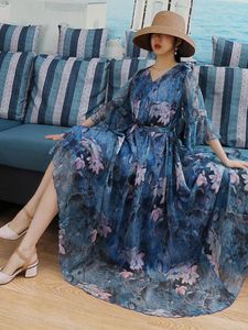 Casual jurken vintage schilderen bloemen print chiffon lange feestjurk vrouwen elegante riem op taille een lijn gewaden plus size strand bruiloft