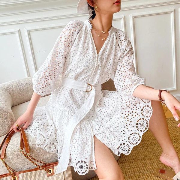 Robes décontractées Vintage Party Dames Robes Boho Floral Broderie Coton Court Été 2024 Blanc Dentelle Mini Robe Pour Femmes