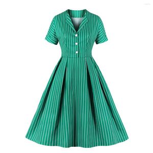 Casual jurken Vintage Party Dames Jurk 50s 60s Swing rockabilly met zak geplooide gestreepte print groen kantoor 2023 mode