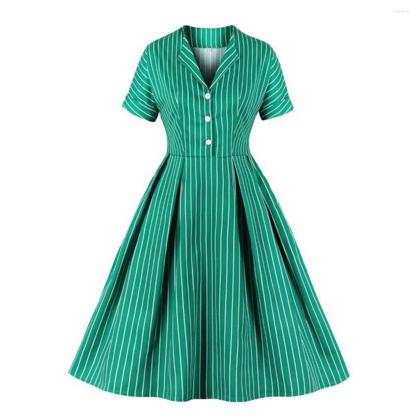 Robes décontractées Vintage fête femmes robe 50 s 60 s balançoire Rockabilly avec poche plissé rayé imprimé vert bureau 2023 mode