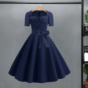 Casual jurken vintage pin-up jurk jaren 1950 vierkante nek midi met grote zoom gordel boog retro a-line prom dot print kleur