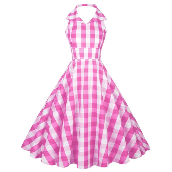 Vestidos casuales Vintage Pink Plaid Impress Vestido de verano 2024 Elegante túnica de cuello muescas Partido Swing Prom Sundress