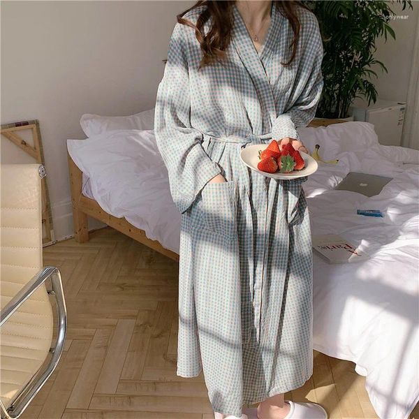 Vestidos casuales Vintage Plaid Algodón Vestido de mujer suelto Manga larga Vendaje Lace Up Mujer Pijama Robe Homewear