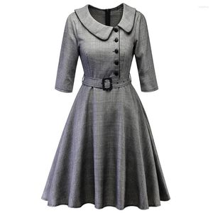 Casual jurken vintage plaid swing jurk dames taille riem mager kantoor dame werk knop eenvoudige mode elegant feest herfst 2023