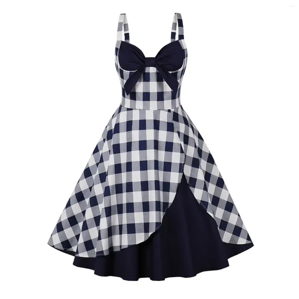 Vestidos casuales Vintage Plaid Swing Pinup Vestido para mujeres Elegante Bowknot Sin mangas Cintura alta Fiesta de noche Una línea Vestidos Robe