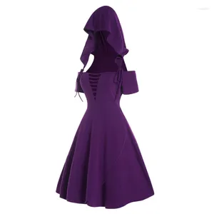 Robes décontractées Vintage couleur unie robe à capuche pour femmes col en V échelle nouée découpée superposition épaule froide taille haute mini vestidos mujer