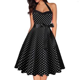 Vestidos casuales Vintage estampado de lunares para mujeres Sexy fuera del hombro Halter cuello colgante fiesta A Line vestido verano Bowknot Sundress Robe