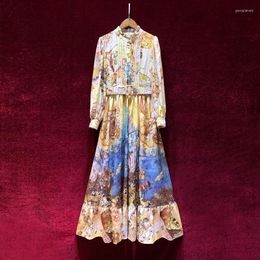 Casual jurken vintage prinses high -end print lange kleding feestvouwen ruched gewaad longue vestido largo