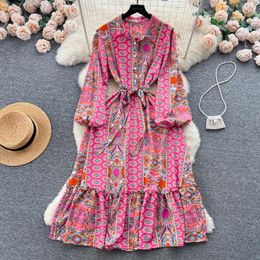 Casual jurken vintage print bloemenjurk dames temperament herfst herfst Franse veter taille show dunne lantaarn lange mouw elegante chiffon