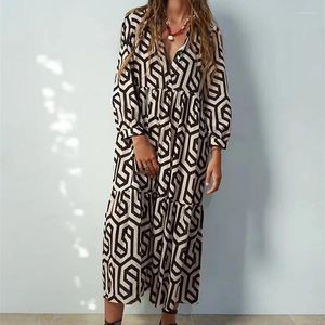 Robes décontractées Vintage Imprimer Maxi Femmes Robe Summer Manches longues Femme Boho Beach Chemise Robe de vacances Arrivées