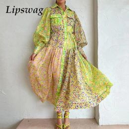Robes décontractées vintage imprimé épissage maxi robe mode bohemian lanterne mangette femme automne motif floral à lacets à lacets