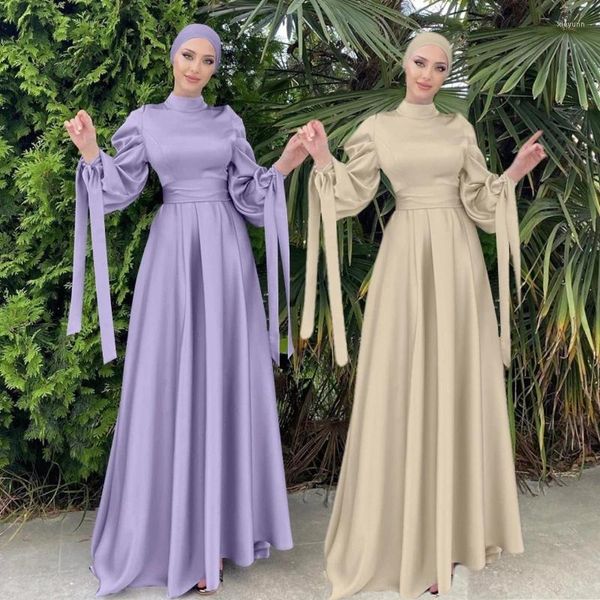 Robes décontractées Vintage manches bouffantes soirée soirée robe en satin femmes musulman vêtements islamiques arabe Abaya caftan Dubaï robe femme longue