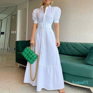 Casual Jurken Vintage Puff Sleeve Vrouwen Party Maxi Jurk Elegant Striped Office Lady Long Fashion Turn-Down Collar Button Shirt