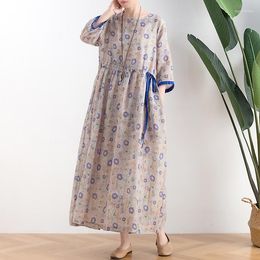 Casual jurken Vintage Ramie a line dames print bloemen 2023 zomer herfst hoogwaardige vrouwelijke gewaad longue ete femme plus size vestidos