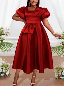 Vestidos casuales Vintage rojo fiesta elegante cuello cuadrado hinchado cintura alta plisado vestido fluido modesto noche boda invitado vestido de cumpleaños 3XL