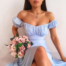 Casual jurken vintage sexy jurk dames elegante lange puff mouw bloemen zomers feestje stijlvolle split midi mant ete femme 2023