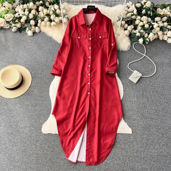 Vestidos casuales Camisa vintage Vestido de mujer Otoño Cuello vuelto Largo para mujer Moda Dobladillo dividido Manga