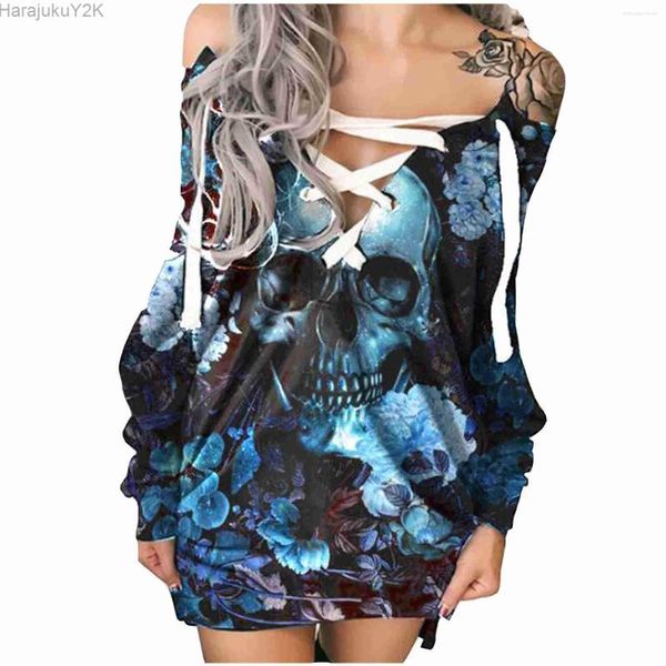 Vestidos casuales Vintage Skull Rose Print Dress Vestidos Otoño Invierno manga larga con cordones Gothic Robes Femme Grunge sudadera