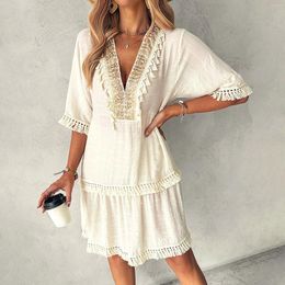 Casual jurken Vintage vaste tassels vakantie strandjurk vrouwen zomer zomer korte mouw pure kant v-hals knie lengte boho hippi sundress