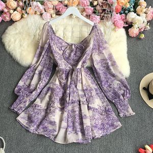 Casual jurken Vintage vierkante kraag bubbel mouw bloemen lange taille afslanke temperament jurk