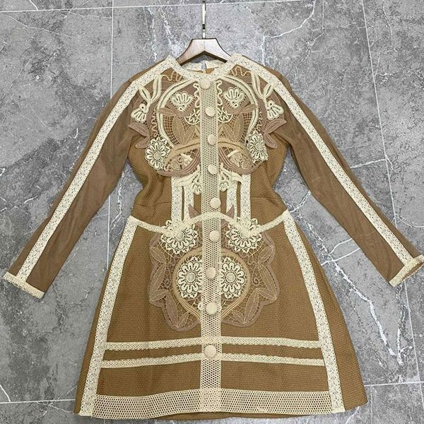 Robes décontractées Style Vintage Col rond Bouton à boutonnage simple Robe au crochet à manches longues