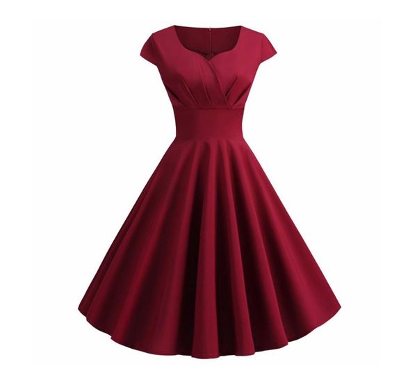 Robes décontractées Vintage été solide Robe femmes col en V grande balançoire Robe Femme élégant rétro Pin Up fête bureau Midi grande taille