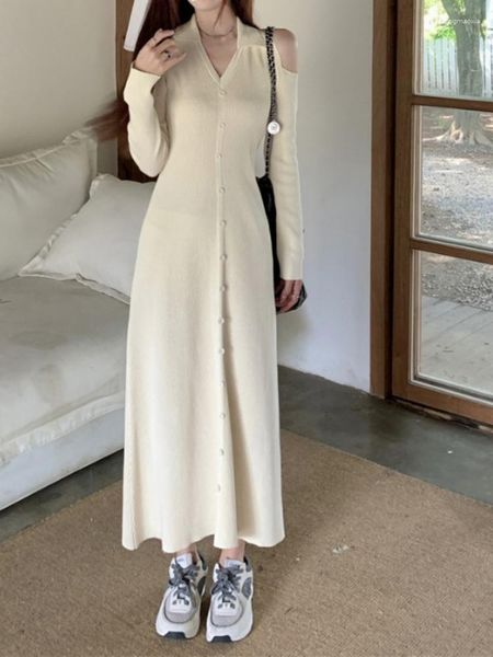Robes décontractées Vintage tempérament revers épaules dénudées robe en tricot femme automne 2023 coréen Chic Simple taille mince boutonnage