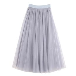 Casual jurken vintage tule rok vrouwen elastische hoge taille 3 lagen a-lijn geplooide mesh long bruid tutu s vrouwelijke jupe longue 221007