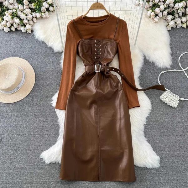 Robes décontractées Vintage deux pièces ensemble robe en cuir PU femmes printemps automne Spaghetti sangle avec ceinture longue robe d'été robes