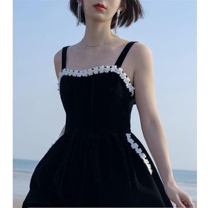 Robes décontractées Vintage Velours Noir Femmes Robe Classique Coréen 2022 Designer Slim Patchwork Poches Longue Fête Élégante 9B903Casual