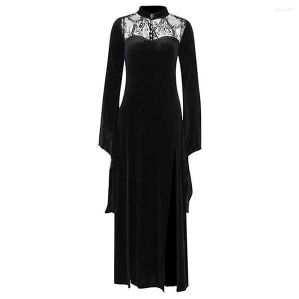 Vestidos casuales Vintage terciopelo largo mujer otoño Halloween fiesta bruja disfraz negro encaje Patchwork manga acampanada gótico alto Split vestido