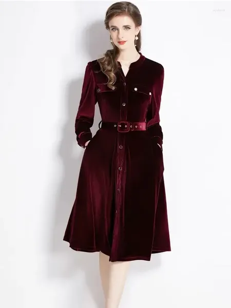 Robes décontractées Vintage velours robe midi femme manches longues col en V ceinture à simple boutonnage mince solide poche fête robes de femme élégante