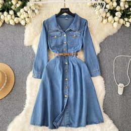 Robes décontractées Vintage lavé bleu denim robe à manches longues simple boutonnage a-ligne printemps automne femmes mi longueur jean