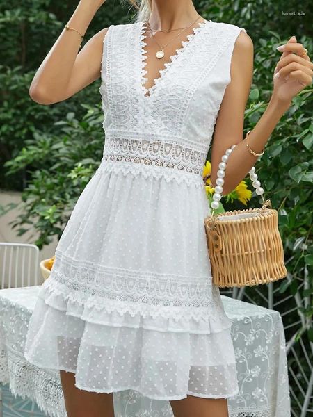 Vestidos casuales Vintage vestido de encaje blanco mujeres verano sexy ahueca hacia fuera algodón sin respaldo elegante moda jacquard volantes mini vestidos