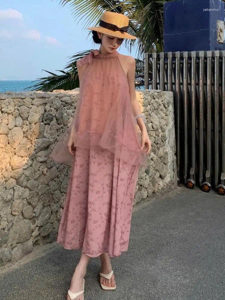 Vestidos casuales para mujeres vintage rosa elegante malla floral estampado plisado vestido largo verano sexy boquero halter halter boho brobe romántico