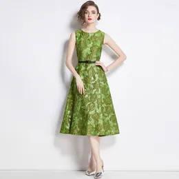 Casual jurken Vintage dames rond kraag groen Jacquard Midi -jurk 2024 Elegante lente zomer mouwloze tank bloemenvestidos met riem