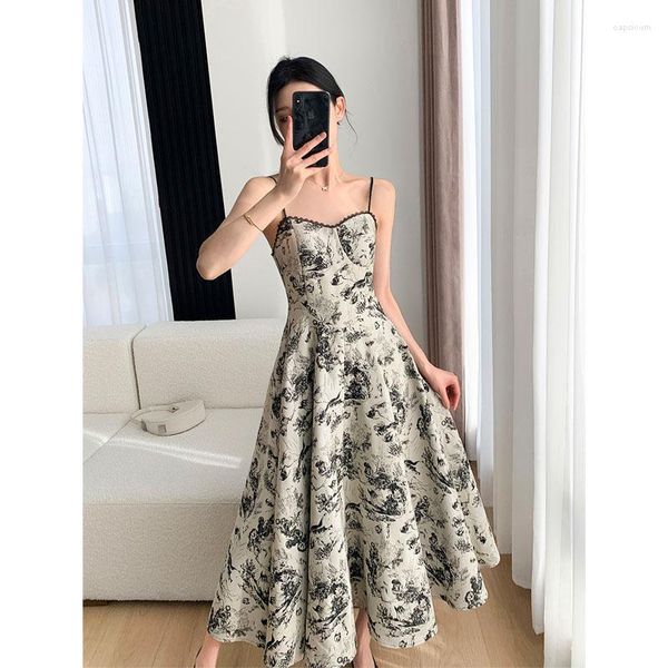 Robes décontractées Vintage femmes robe florale sans manches fronde longue jupe dos nu femme Sexy mince une ligne été mode vêtements