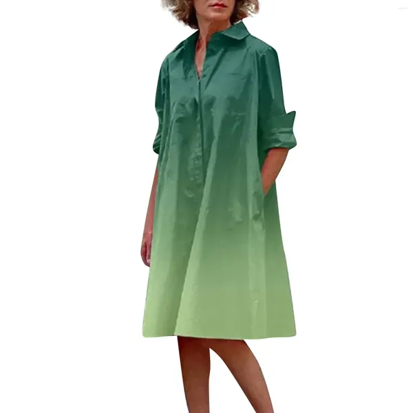 Robes décontractées Vintage Robe d'été pour femmes 2024 Dégradé imprimé col de chemise à manches longues poche mi-longue