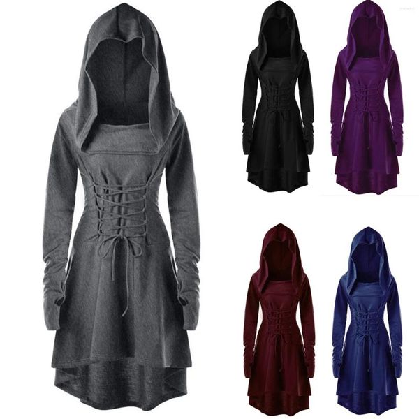 Vestidos casuales Vintage para mujer Cosplay Medieval Renaissance Archer Trajes con capucha Robe Lace Up Jersey Largo Sudadera con capucha Vestido Capa Halloween