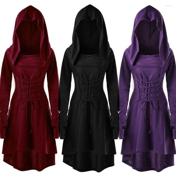 Robes décontractées Vintage Femmes Robe Cosplay Médiévale Renaissance Archer Costumes Robe À Capuchon À Lacets Pull À Capuche Longue Cape