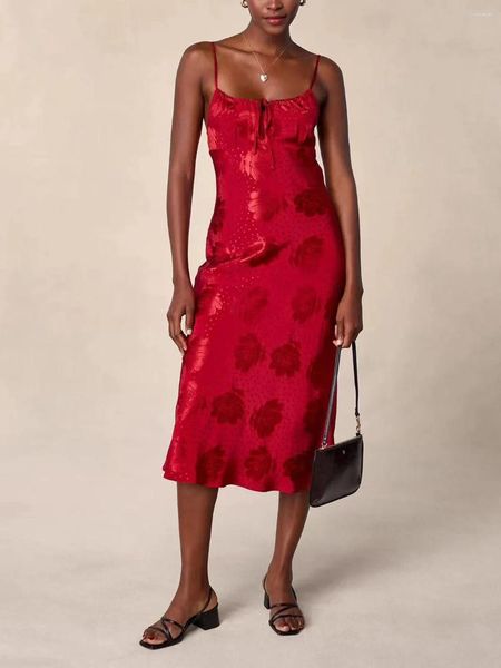 Robes décontractées Viscose Womenlace-up Sling Robe Rétro 2024 Été sexy Red Print Femelle sans manches mi-longueur