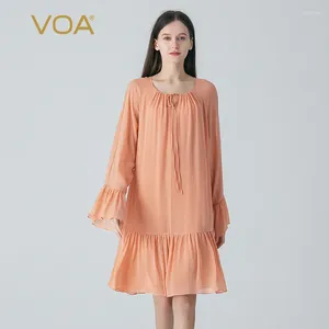 Robes décontractées VOA Double couche Georgette Soie Corail Rose Dentelle Col Lâche Femmes Élégant Flare Manches Longues Robe Midi Plissée AE1837