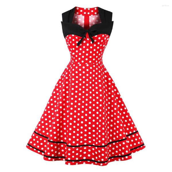 Robes décontractées Volalo 50s 60s Vintage Retro Femmes Hobe Habillons sans manches Polka Dot Vestido Élégant patchwork rouge A Line Big 4xl