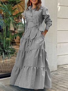 Robes décontractées VONDA 2023 été bohème chemise à carreaux robe femmes à manches longues robes de soirée décontracté bouton de revers Vintage ceinturé poches robe d'été W0315
