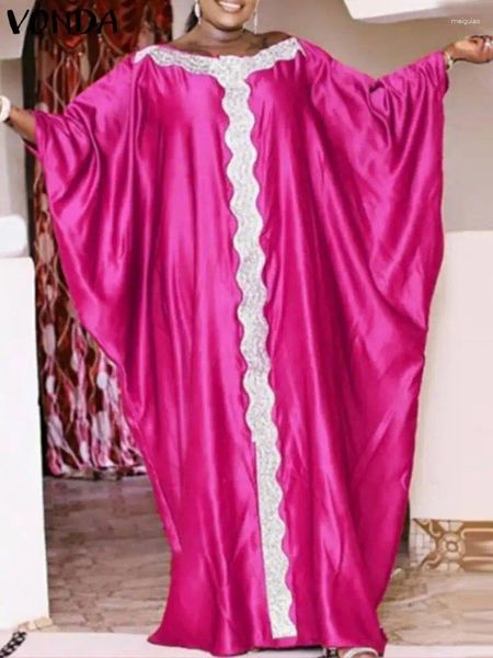 Robes décontractées Vonda 2024 Femmes Bohemian Robe Automne Elegant Bat Sleeve Lace Patchwork Long Party Loose Satin Silk Robe