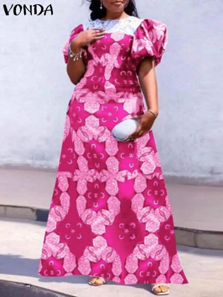 Vestidos informales VONDA 2024 Mujeres Largo Bohemio Sundress Floral Impreso Vestido de verano Lace Patchwork Robe Manga corta Playa Maxi Vestidos