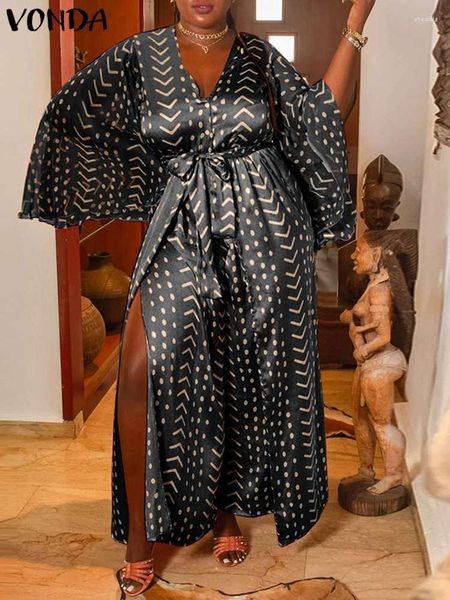 Casual Kleider Vonda Bohemian Gedruckt Maxi Kleid Vintage Frauen Langarm Satin Sommerkleid 2023 Herbst Gürtel V-ausschnitt Split Saum vestidos