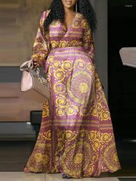 Casual jurken Vonda oversized Boheemian Maxi Dress 2024 Vintage vrouwen Gedrukt Satin Long Sundress V-Neck losse Lantern Sleeve Robe Femme