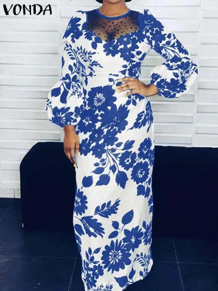 Robes décontractées Vonda Women Party Robe maxi 2024 Automne Floral imprimé à manches bouffées Sund robot en dentelle en dentelle