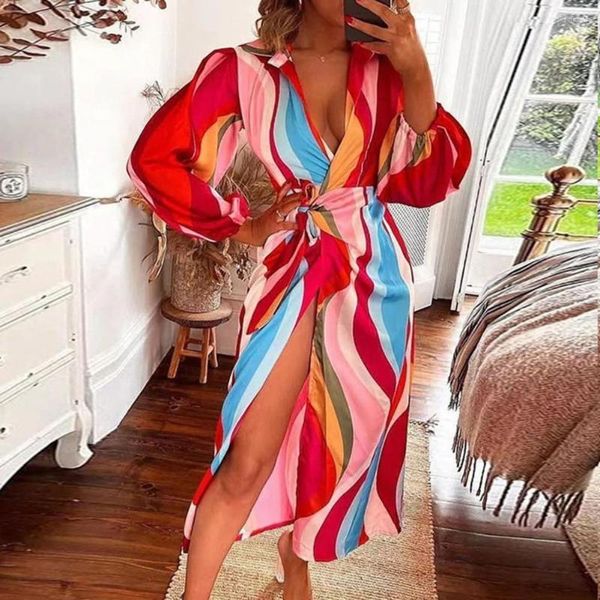 Robes Décontractées Rehaussant La Taille Dames Maxi Robe Lanterne Manches Lady Imprimé Coloré Midi Avec Décolleté V Décolleté Flatteur Pour L'automne